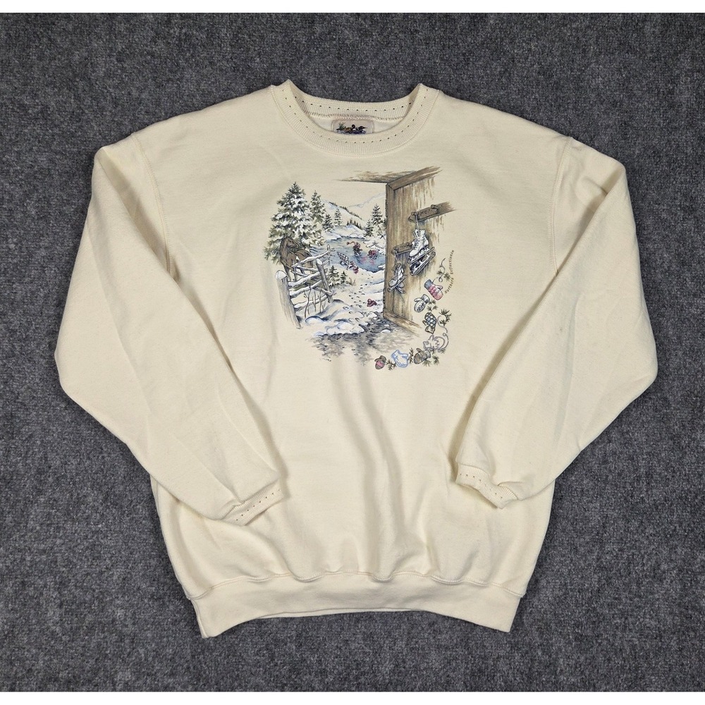 Vintage Sweatshirt Womens Medium Ivory CottageCore Graphic Northern Reflections